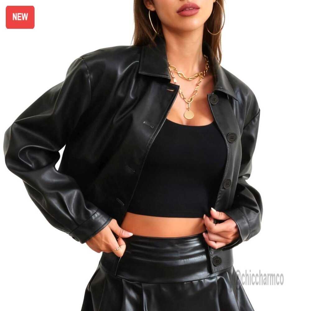 Cropped Faux Leather Bomber Jacket Slim Fit Lightweight Motorcycle Style